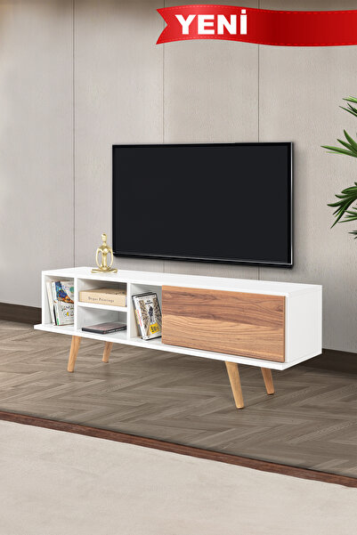 Evmo Home 3330 Ela 130 Cm ( AHŞAP AYAKLI ) TV Ünitesi , Beyaz - Söğüt , Tv Se...