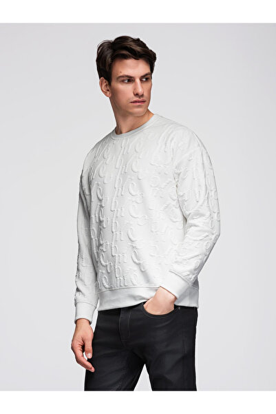 OMBRE Pánská mikina s kapucí RELAXED FIT s reliéfními písmeny - ecru V2 B1712