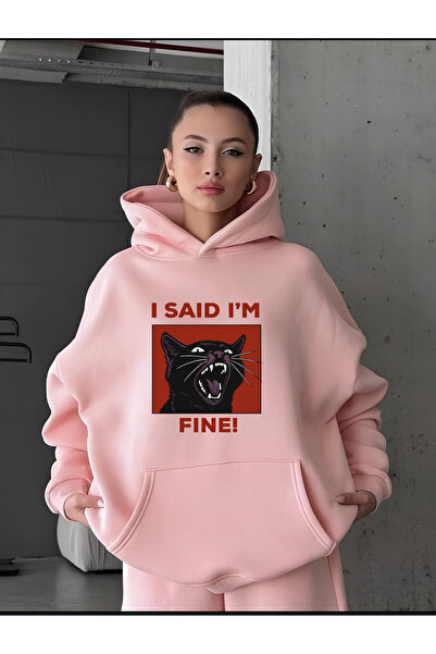 vikitekno Women's Hooded Wild Cat Printed Oversized Sweatshirt Pink