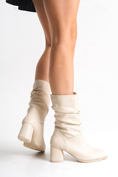 Ayakkabı Delisiyim Cizme de damă din piele bej cu toc Talpă anti-alunecare Toc gros Laura