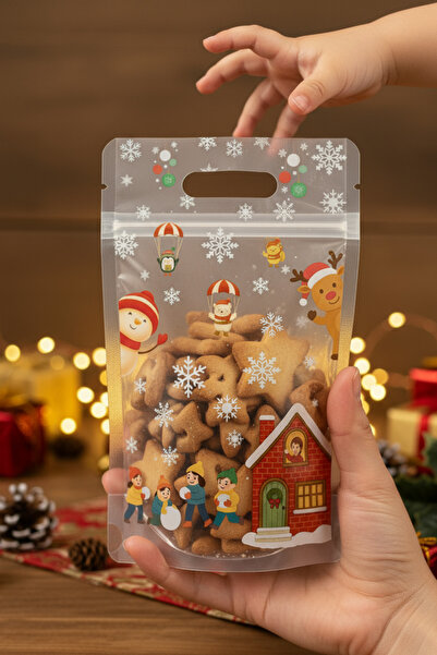 Dekals 10 Adet Yılbaşı Temalı Kurabiye Şeker Çikolata Poşeti Tekrar Kullanılabilir Dipli Hediye Poşeti