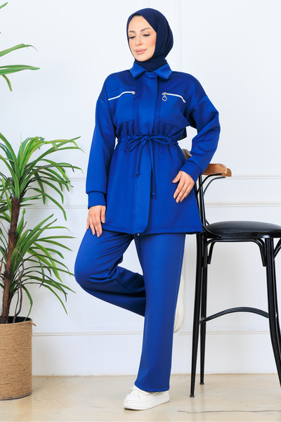 benguen Drawstring Waist Zippered Scuba Suit N5329 Indigo