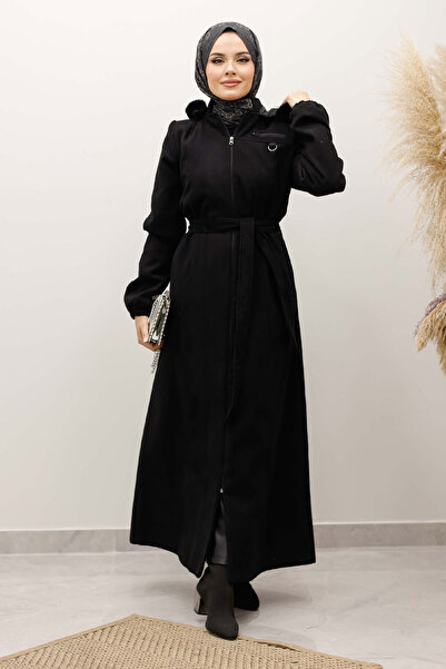 Tesettür Dünyası Zipper Detailed Cashmere Coat with Elastic Sleeves Tsd250248 Black