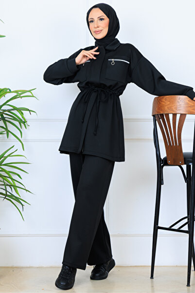 benguen Drawstring Waist Zippered Scuba Suit N5329 Black