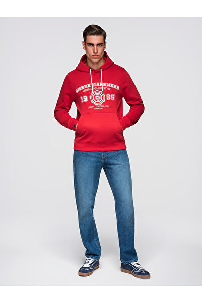 OMBRE Pánská mikina s kapucí a potiskem na motivy univerzity - červená V1 B1714
