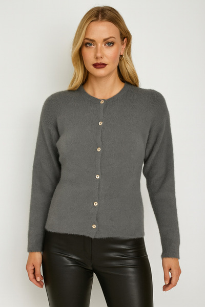 Minora Minoralady Women's Grey-Smoke Basic Crew Neck Soft Textured Bearded Cardigan