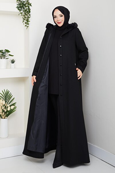 Doque Büyük Beden Siyah Kışlık Kaşe Kadın Pardesü Kapşonlu Akesim 58028