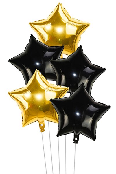 İSTOÇ PARTİ طقم بالونات فويل نجمة ذهبية سوداء 45 سم 5 قطع
