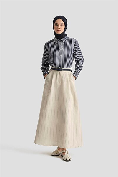 Armine Keten Çizgili Etek 25Y1812 Beyaz