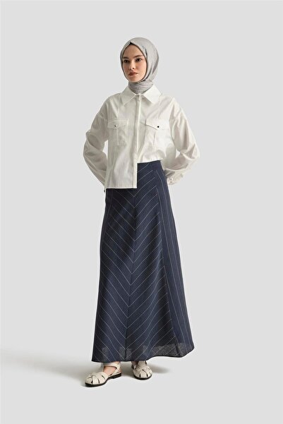 Armine Ribanalı Çizgili Keten Etek 25Y1821 LACİVERT