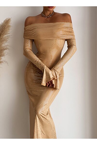 Elia Swimwear Long Mermaid Evening Dress With Shiny Silver Inserts Beige Marseille