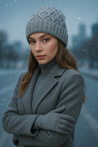 SİSTEM PELUŞ Elegant Knitted Patterned Silvery Beanie & Soft Textured Gloves Set - Winter Combination