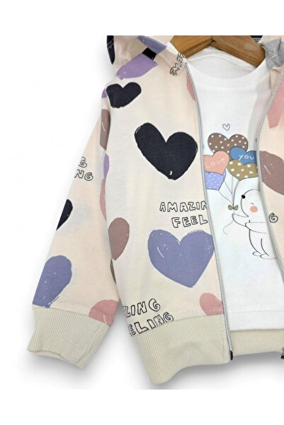 VOY KİDS Heart Patterned Hooded Cardigan Baby Girl Tracksuit Set 3-Piece Set 6-9-12-18-24 Months L 100% Cotton
