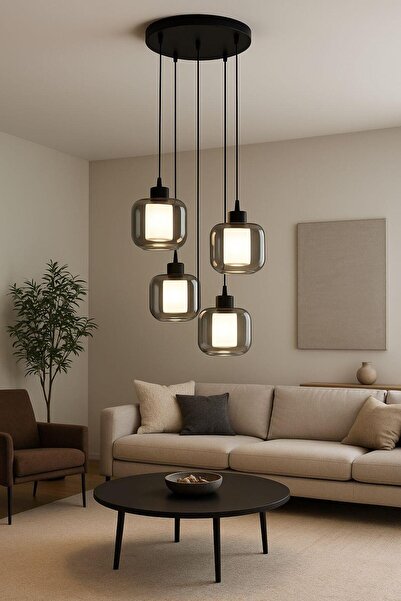 FERLUCE AVİZE CAMLI AVİZE ÇİFT CAM ZH7 4 LÜ SİYAH FUME