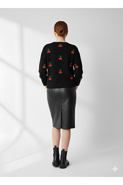 ribana Crew Neck Three Thread Cherry Embroidered Sweater