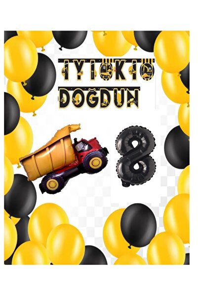 İSTOÇ PARTİ Construction Themed Birthday Banner Truck Balloon Set Black Age 8