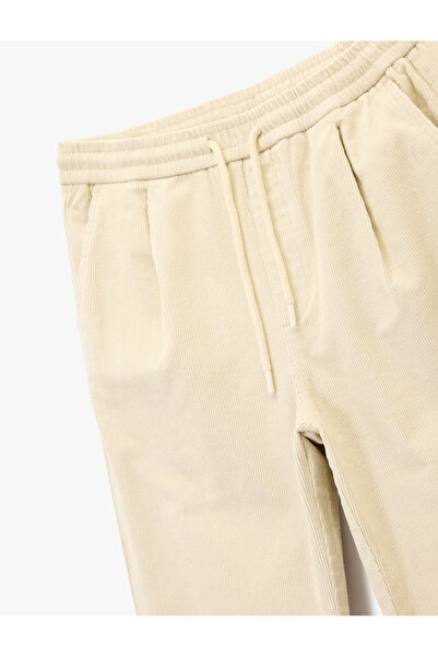 Koton Corded Fabric Velvet Trousers with Cotton Pockets, Loose Fit, Lace-Up Waist