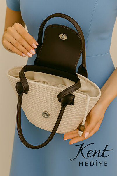 Bymiel Real Leather Detailed Straw Women's Shoulder Bag