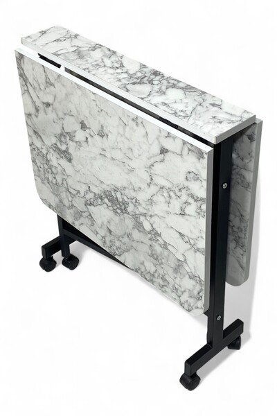 ALCHAİR Demaz Serisi 70X110 Beyaz Mermer Desen Açılabilir Tekerlekli Masa Yemek Masası Siyah Metal Ayak