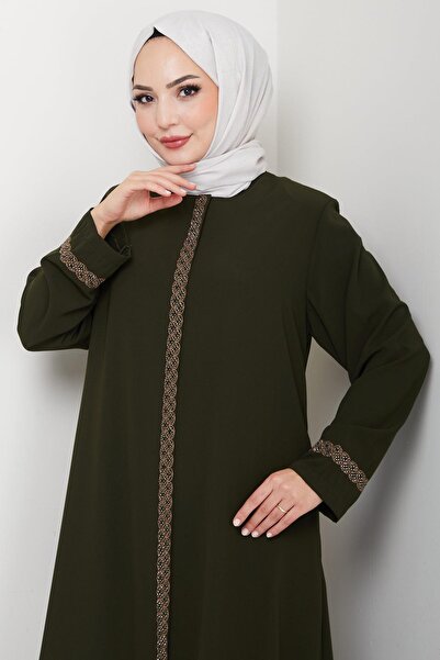 hafsamina Floral Embroidered Plus Size Ferace Khaki Hm2844