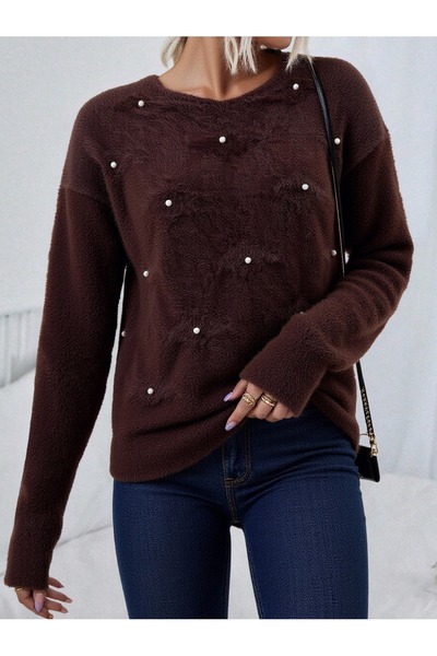 NEWCO Pearl Embellished Soft Texture O Oversized Knitwear Sweater – Round Neck Relaxed Fit