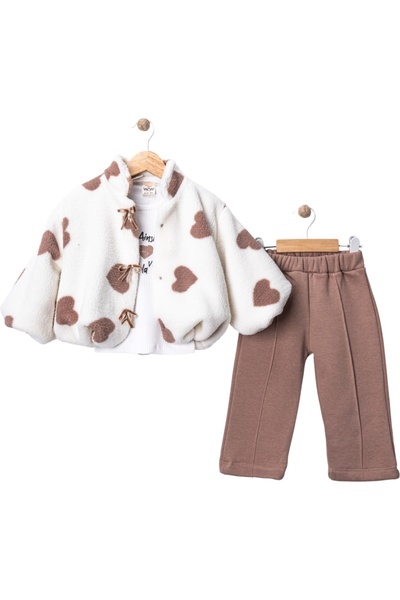 cskticaret Lamb Fabric Girls' Set with Heart Patterned Jacket 9/24 Months
