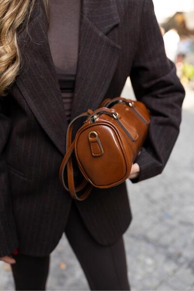 Tina İstanbul Long Strap Cylinder Model Hand and Shoulder Bag Brown