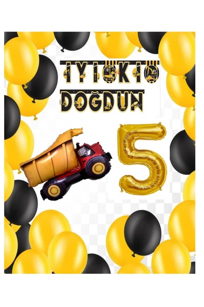 İSTOÇ PARTİ Construction Themed Birthday Banner Truck Balloon Set Gold Age 5