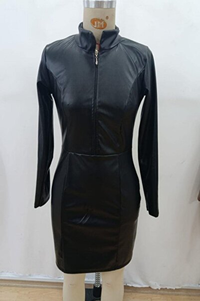 Mossta Collared Zipper Detailed Mini Leather Dress - Black