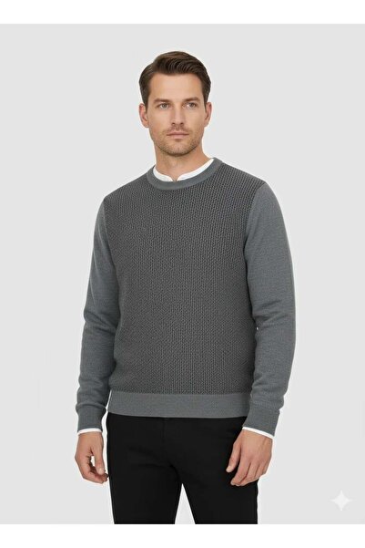 uppstairs Men's Gray Crew Neck Patterned Sweater