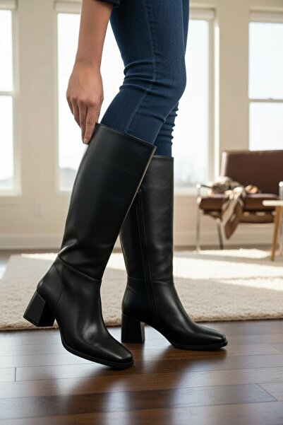 VeliKundura Black Long Zippered Square Toe Thin Sole Women's Boots