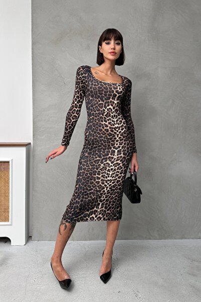 New Now decolteu pătrat imprimeu leopard ROCHIE MIDI