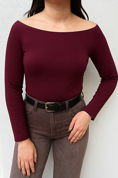 BEGBOR LİNGERİE Women's Purple Boat Neck Long Sleeve Fit Basic Bodysuit