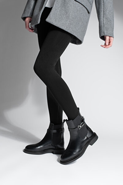 Marjin Women's Elastic Ankle Boots with Detachable Belt Buckle, Double-Faced Casual Boots, Apade Black