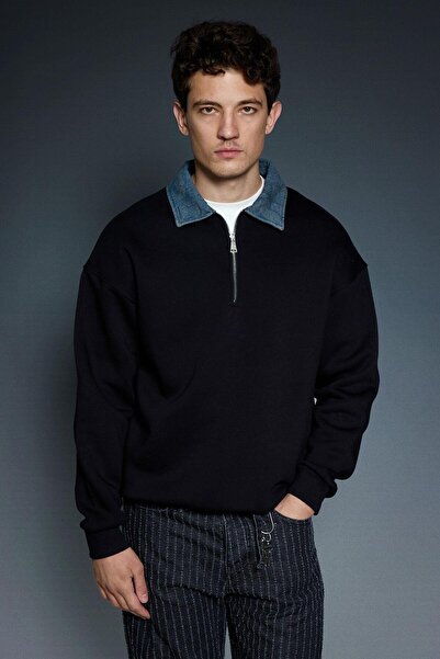 ablukaonline Men's Denim Polo Neck Half Zipper Oversized Sweatshirt Black