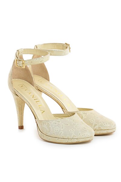 Vanilla Days Sandale aurii cu toc subțire și imprimeu floral, cu finisaj din ...