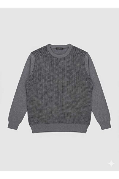 uppstairs Men's Gray Crew Neck Patterned Sweater