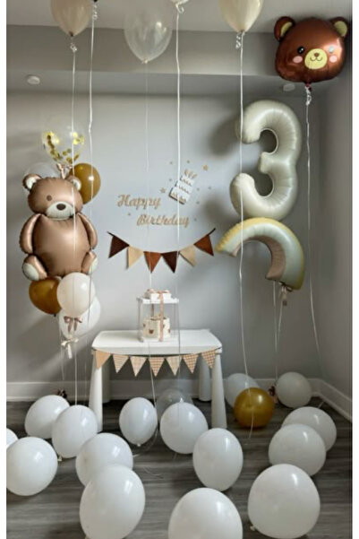 Çemrek Süs Parti Retro Gökkuşağı Banner Kahverengi Ayı Balon 3 Yaş Doğum Günü...