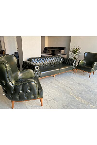 MESA OFİS MOBİLYA Özel Eski̇tme Yeşi̇l 3+1+1 Chester Koltuk Takimi Ofi̇s Oturma Grubu