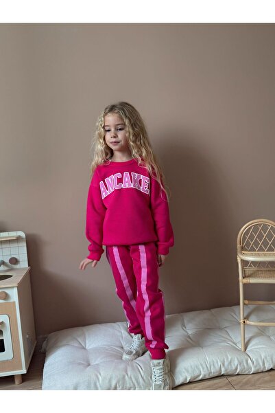 Patriko Girl's Pancake Text Print Fuchsia Pink Color Winter New Season Inner Fleece Bottom Top Set 3-10 Years