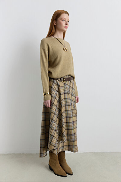 Babushka Milky Brown Plaid Midi Skirt