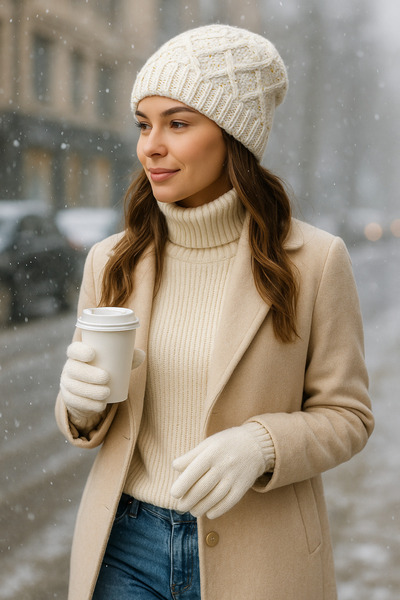 SİSTEM PELUŞ Elegant Knitted Patterned Silvery Beanie & Soft Textured Gloves Set - Winter Combination