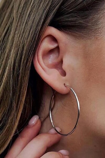 TAKIŞTIR Silver Color Steel Hoop Earrings 40mm (Pair)