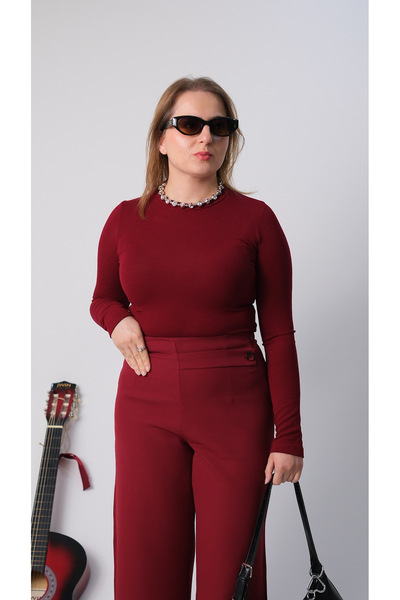 Crep Tekstil Parmak Geçmeli Bordo Bluz