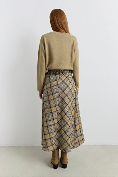 Babushka Milky Brown Plaid Midi Skirt