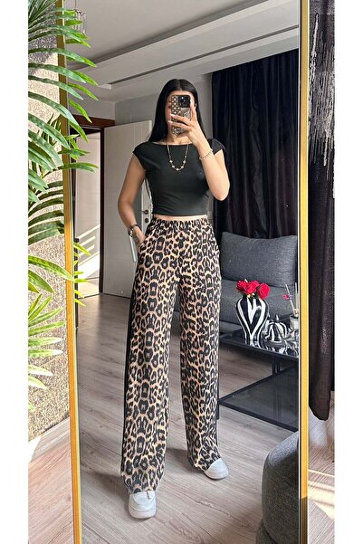 inci bayan giyim Pantaloni de sport PALAZZO cu dungi leopard pentru femei, cu talie elastică