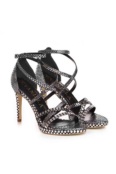 Vanilla Days Silver High Heel Sandals with Snake Print and Slim Stiletto