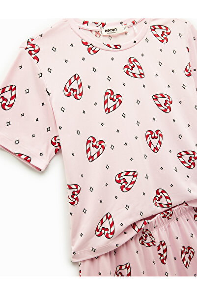 Koton Short Sleeve U-Neck Printed New Year Pajama Set with Shorts