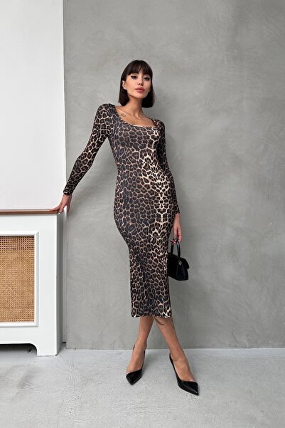New Now decolteu pătrat imprimeu leopard ROCHIE MIDI
