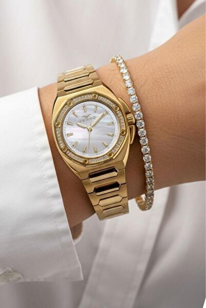 FERRO Altın Sarısı Çelik Bilezik Taşlı Kadran Kadın Kol Saati, Su Yolu Bileklik Hediyeli